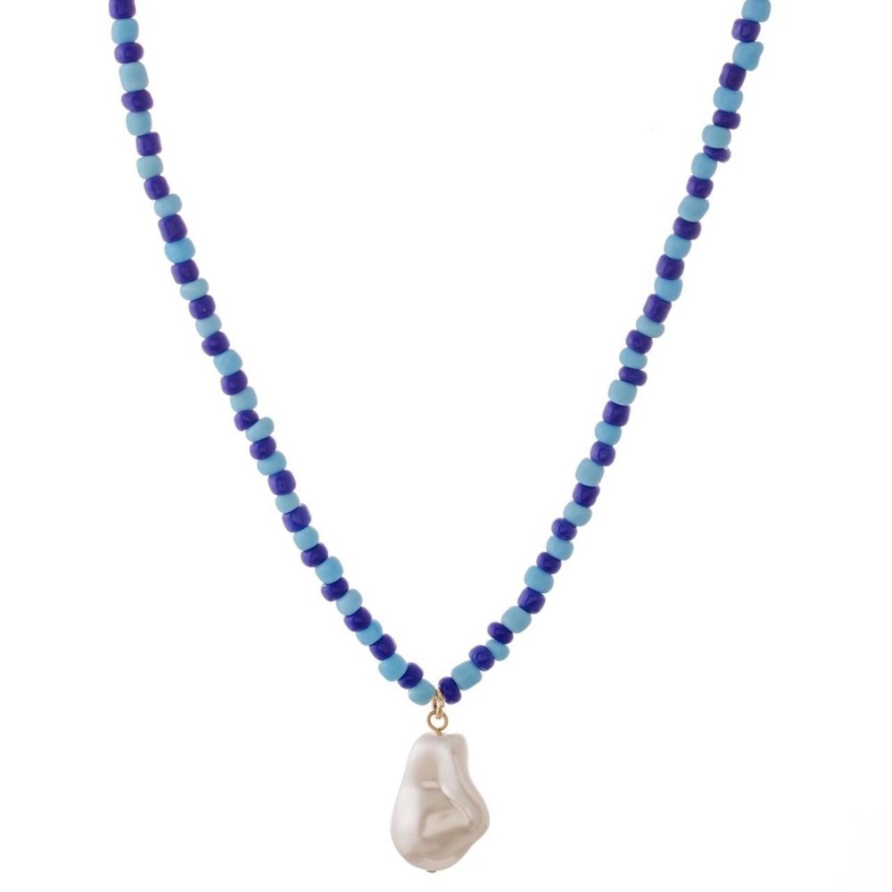 Blue Beaded Pearl Drop Necklace